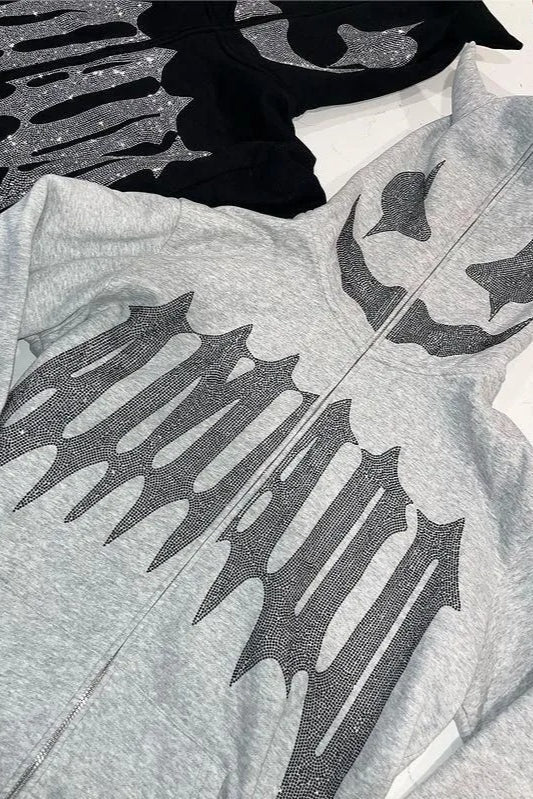 Rhinestone Zipper Oversized Hoodie