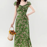 Retro Slim Green V-Neck Floral Dress