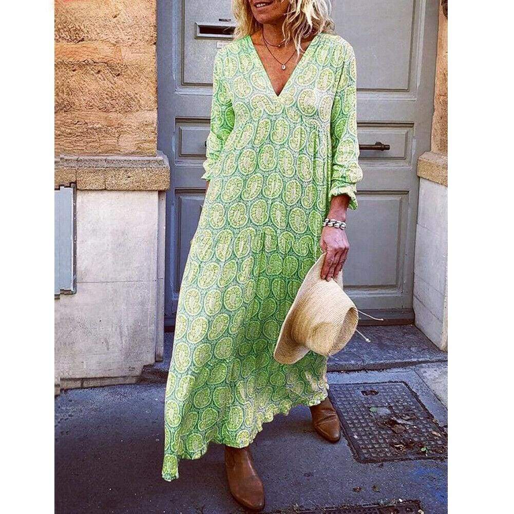 Fashion Women Boho Deep V Neck Floral Long Maxi Dress