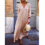 Fashion Women Boho Deep V Neck Floral Long Maxi Dress
