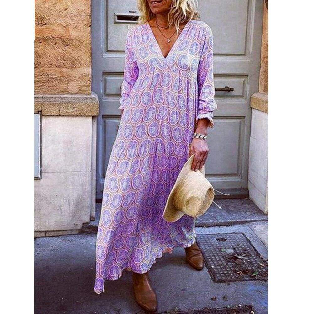 Fashion Women Boho Deep V Neck Floral Long Maxi Dress