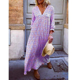 Fashion Women Boho Deep V Neck Floral Long Maxi Dress