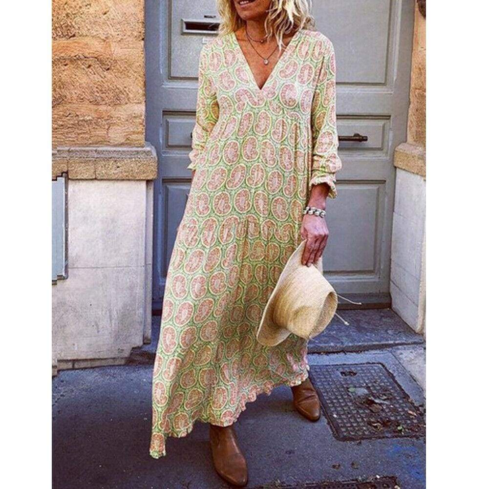 Fashion Women Boho Deep V Neck Floral Long Maxi Dress