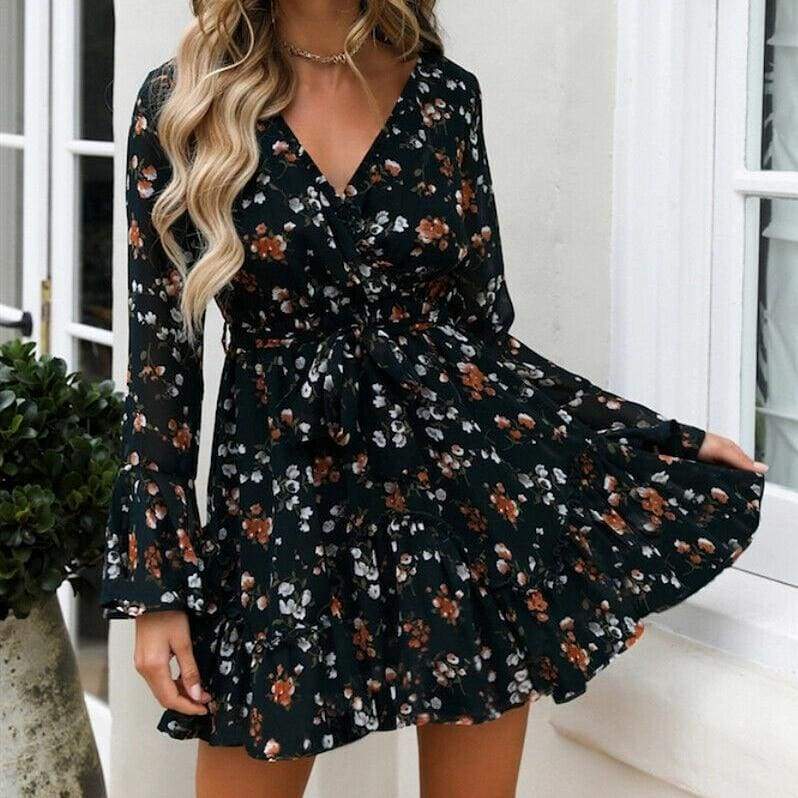 Fashion Women Boho Ruffle Floral Holiday Mini Sun Dress