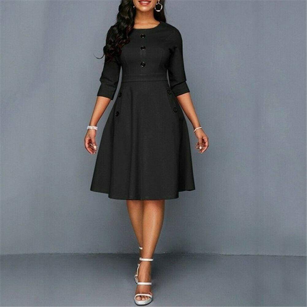 Fashion Women Retro Tunic 3/4 Long Sleeved Solid Bodycon Dresses