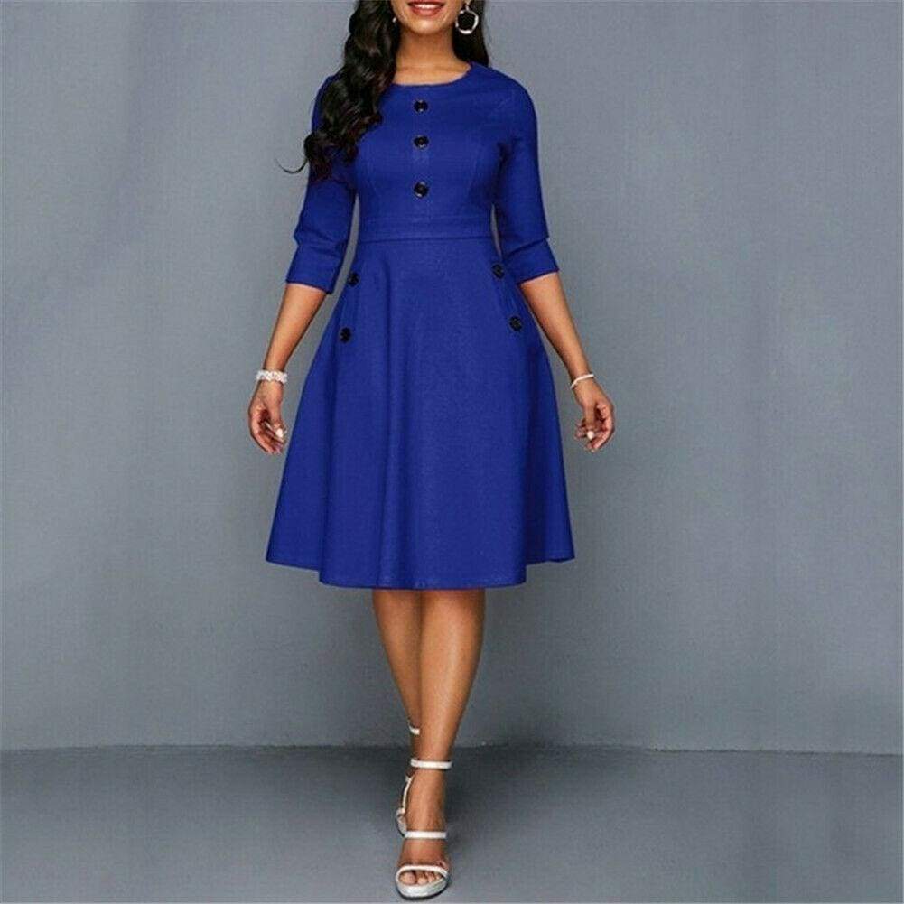 Fashion Women Retro Tunic 3/4 Long Sleeved Solid Bodycon Dresses