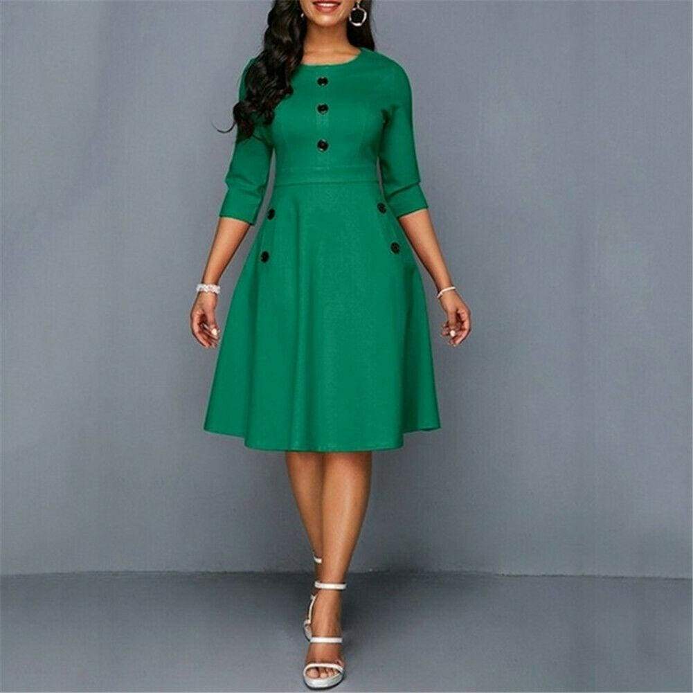 Fashion Women Retro Tunic 3/4 Long Sleeved Solid Bodycon Dresses