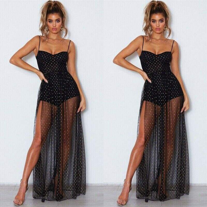 Fashion Women Sexy Polka Dots Slit Ladies See-Through Long Dress