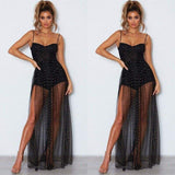 Fashion Women Sexy Polka Dots Slit Ladies See-Through Long Dress