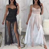 Fashion Women Sexy Polka Dots Slit Ladies See-Through Long Dress