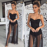 Fashion Women Sexy Polka Dots Slit Ladies See-Through Long Dress