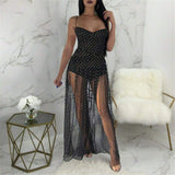 Fashion Women Sexy Polka Dots Slit Ladies See-Through Long Dress