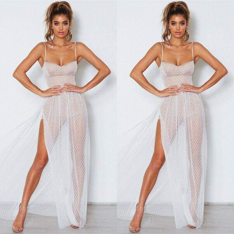 Fashion Women Sexy Polka Dots Slit Ladies See-Through Long Dress