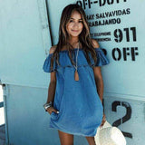 Fashon Women's Casual Summer Beach Dress Denim Off Shoulder Ruffles Blue A-Line Mini Dress Outfit Party Sunsuit