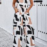 Printed Wide Strap Jumpsuit with Pockets