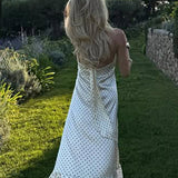 Polka Dot Backless Satin Maxi Dress