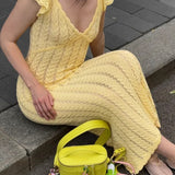 French Ruffle V Neck Knit Pastoral Maxi Dress