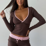 Cross V Neck Contrast Slim Long Sleeve Two Piece Set