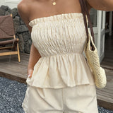 Casual Minimalist stripe Tube Ruffle Shorts Two Piece Set