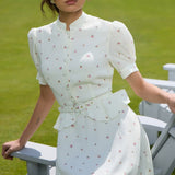 Puff Sleeve Floral Stand Collar Waist Cinch Two Piece Set