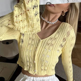 Slim Hollow Knit V Neck Button Cardigan