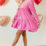 Strawberry Pink Flounce Sleeve Tiered Ruffled Velvet Mini Dress
