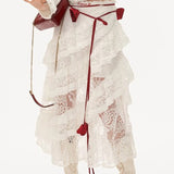 Hot Girl Lace Tiered Mesh Stylish Slim Midi Skirt