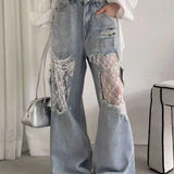 Lace Patchwork Ripped Loose Jeans