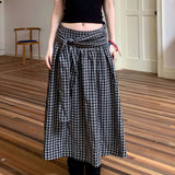 Color Block Plaid Tie Side Zip Loose Skirt