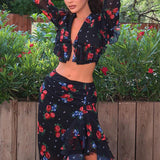 Long Sleeve Cropped Top Ruffled Split Bodycon Skirt Two Piece Set