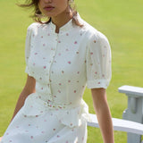 Puff Sleeve Floral Stand Collar Waist Cinch Two Piece Set