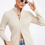 Ribbed Knit Zip-Up Stand Collar Cardigan