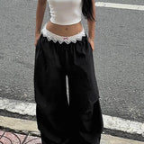 Contrast Waist Lace Trim Relaxed Long Pants