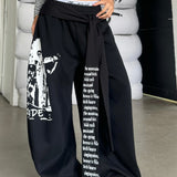 Street Style Graphic Letter Ribbon Curved Sweat Pants