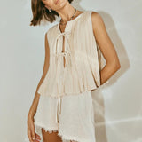 Solid Ruffled Tie Linen Cotton Shirt Tank Top