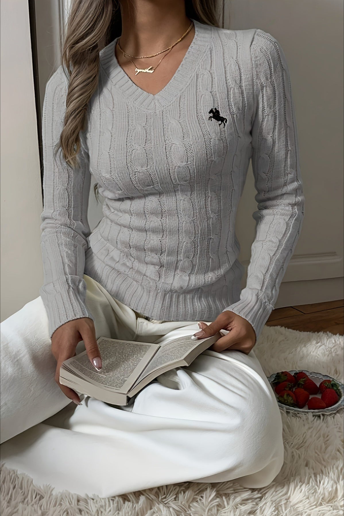 Embroidered Cable Knit V Neck Sweater