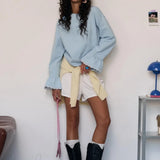 Flared Sleeve Lace Accent Crew Neck Alphabet Embroidered Long Sleeve Tee