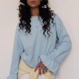 Flared Sleeve Lace Accent Crew Neck Alphabet Embroidered Long Sleeve Tee