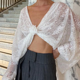 Floral Decor Twisted Trendy Lace Semi-sheer Blouse
