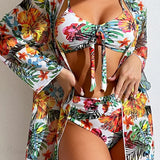 Floral Knot Front Long Sleeve Two Piece Set