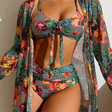 Floral Knot Front Long Sleeve Two Piece Set