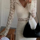 Floral Lace Long Trendy Sleeve Plunge Midi Dress