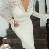 Floral Lace Long Trendy Sleeve Plunge Midi Dress