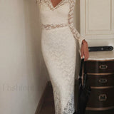 Floral Lace Long Trendy Sleeve Plunge Midi Dress