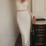 Floral Lace Long Trendy Sleeve Plunge Midi Dress