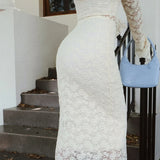 Floral Lace Long Trendy Sleeve Plunge Midi Dress