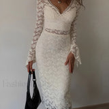 Floral Lace Long Trendy Sleeve Plunge Midi Dress