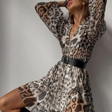 Gail Printed V-neck Belted Chiffon Mini Dress
