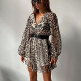 Gail Printed V-neck Belted Chiffon Mini Dress