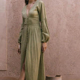 Giselle V-neck Plisse Maxi Milkmaid Dress